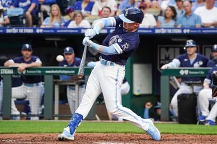 Jun 2, 2023; Kansas City, Missouri, USA; Kansas City Royals center fielder Drew Waters (6) hits a solo home run against the Colorado Rockies in the third inning at Kauffman Stadium. Mandatory Credit: Denny Medley-USA TODAY Sports
