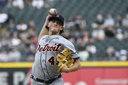 Jun 2, 2023; Chicago, Illinois, USA;  Detroit Tigers starting pitcher Reese Olson (45) delivers against the Chicago White Sox during the first inning at Guaranteed Rate Field. Mandatory Credit: Matt Marton-USA TODAY Sports