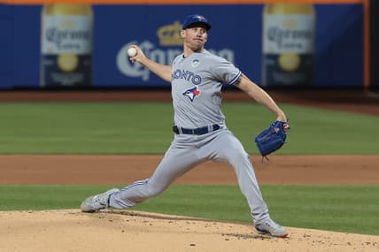 Jun 2, 2023; New York City, New York, USA; Toronto Blue Jays starting pitcher Chris Bassitt (40) delivers a pitch during the first inning against the New York Mets at Citi Field. Mandatory Credit: Vincent Carchietta-USA TODAY Sports