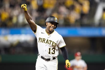 Jun 2, 2023; Pittsburgh, Pennsylvania, USA; Pittsburgh Pirates third baseman Ke'Bryan Hayes (13) celebrates his three run home run against the St. Louis Cardinals during the seventh inning at PNC Park. Mandatory Credit: Scott Galvin-USA TODAY Sports