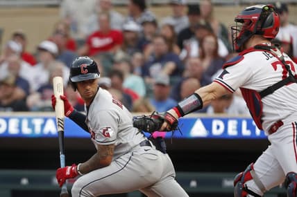 Jun 2, 2023; Minneapolis, Minnesota, USA; Minnesota Twins catcher Ryan Jeffers (27) tags out Cleveland Guardians shortstop Brayan Rocchio (6) after his third strike in the second inning at Target Field. Mandatory Credit: Bruce Kluckhohn-USA TODAY Sports