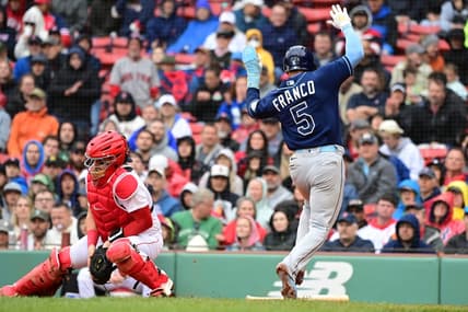 Jun 3, 2023; Boston, Massachusetts, USA; Tampa Bay Rays shortstop Wander Franco (5) scores a run against the Boston Red Sox during the fifth inning at Fenway Park. Mandatory Credit: Eric Canha-USA TODAY Sports