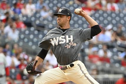 Jun 3, 2023; Washington, District of Columbia, USA; Washington Nationals starting pitcher MacKenzie Gore (1) throws to the Philadelphia Phillies during the first inning at Nationals Park. Mandatory Credit: Brad Mills-USA TODAY Sports