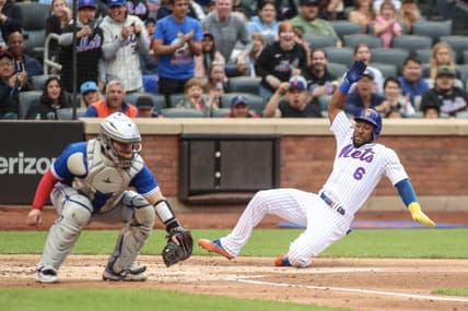 Jun 3, 2023; New York City, New York, USA;  New York Mets right fielder Starling Marte (6) slides into home to score in the second inning against the Toronto Blue Jays at Citi Field. Mandatory Credit: Wendell Cruz-USA TODAY Sports