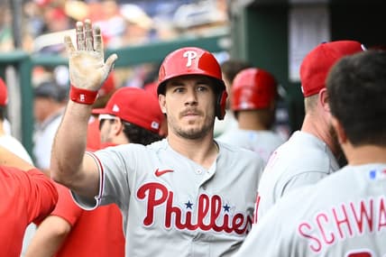 Jun 3, 2023; Washington, District of Columbia, USA; Philadelphia Phillies catcher J.T. Realmuto (10) is congratulated by teammates after hitting a home run against the Washington Nationals during the sixth inning at Nationals Park. Mandatory Credit: Brad Mills-USA TODAY Sports