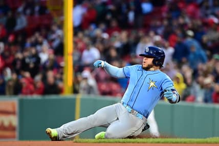 Jun 3, 2023; Boston, Massachusetts, USA; Tampa Bay Rays left fielder Harold Ramirez (43) slides into second base during the sixth inning against the Boston Red Sox at Fenway Park. Mandatory Credit: Eric Canha-USA TODAY Sports