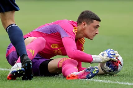 Jun 3, 2023; New York, New York, USA; New England Revolution goalkeeper Djordje Petrovic (99) controls the ball against New York City FC during the first half at Yankee Stadium. Mandatory Credit: Brad Penner-USA TODAY Sports