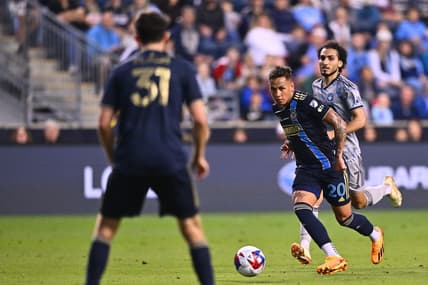Jun 3, 2023; Philadelphia, Pennsylvania, USA; Philadelphia Union midfielder Jesus Bueno (20) passes the ball against CF Montreal during the first half at Subaru Park. Mandatory Credit: Kyle Ross-USA TODAY Sports
