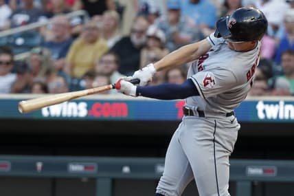 Jun 3, 2023; Minneapolis, Minnesota, USA; Cleveland Guardians right fielder Will Brennan (17) hits a two-run home run against the Minnesota Twins in the seventh inning at Target Field. Mandatory Credit: Bruce Kluckhohn-USA TODAY Sports