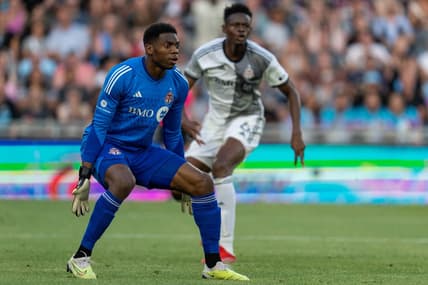 Jun 3, 2023; Saint Paul, Minnesota, USA; Toronto FC goalkeeper Sean Johnson (1) prepares for the shot backed up by Toronto FC defender Aime Mabika (6) against Minnesota United in the first half at Allianz Field. Mandatory Credit: Matt Blewett-USA TODAY Sports
