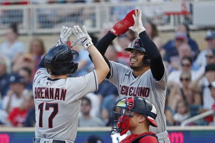 Jun 3, 2023; Minneapolis, Minnesota, USA; Cleveland Guardians first baseman Gabriel Arias (13) celebrates the home run by right fielder Will Brennan (17) that sent them both in against the Minnesota Twins in the seventh inning at Target Field. Mandatory Credit: Bruce Kluckhohn-USA TODAY Sports
