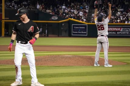 Jun 3, 2023; Phoenix, Arizona, USA; Atlanta Braves relief pitcher Raisel Iglesias (26) celebrates after retiring Arizona Diamondbacks designated hitter Pavin Smith (26) for the final out of the ninth inning at Chase Field. Mandatory Credit: Joe Camporeale-USA TODAY Sports