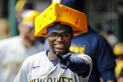 Jun 4, 2023; Cincinnati, Ohio, USA; Milwaukee Brewers second baseman Andruw Monasterio (14) reacts after hitting a three-run home run in the first inning against the Cincinnati Reds at Great American Ball Park. Mandatory Credit: Katie Stratman-USA TODAY Sports