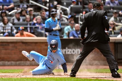 Jun 4, 2023; New York City, New York, USA; Toronto Blue Jays left fielder Daulton Varsho (25) scores on a two RBI double by Toronto Blue Jays second baseman Whit Merrifield (not pictured) during the second inning against the New York Mets at Citi Field. Mandatory Credit: John Jones-USA TODAY Sports