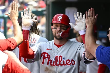 Jun 4, 2023; Washington, District of Columbia, USA; Philadelphia Phillies third baseman Drew Ellis (35) is congratulated by teammates after hitting as solo home run against the Washington Nationals during the fifth inning at Nationals Park. Mandatory Credit: Brad Mills-USA TODAY Sports