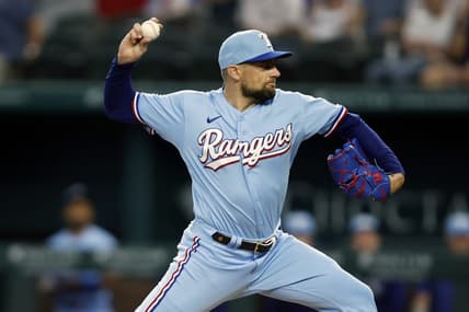 Jun 4, 2023; Arlington, Texas, USA; Texas Rangers starting pitcher Nathan Eovaldi (17) throws a pitch in the first inning against the Seattle Mariners at Globe Life Field. Mandatory Credit: Tim Heitman-USA TODAY Sports