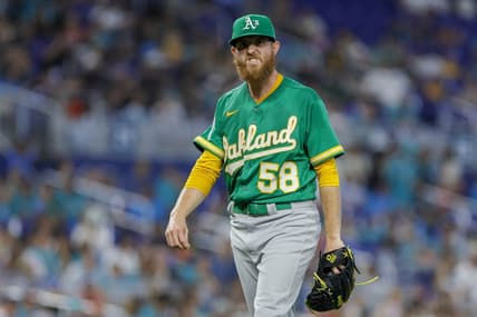 Jun 4, 2023; Miami, Florida, USA; Oakland Athletics starting pitcher Paul Blackburn (58) reacts against the Miami Marlins during the fourth inning at loanDepot Park. Mandatory Credit: Sam Navarro-USA TODAY Sports