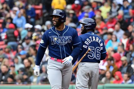Jun 4, 2023; Boston, Massachusetts, USA; Tampa Bay Rays designated hitter Yandy Diaz (2) celebrates scoring on his RBI single after a throwing error by the Boston Red Sox during the sixth inning at Fenway Park. Mandatory Credit: Eric Canha-USA TODAY Sports