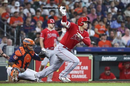 Jun 4, 2023; Houston, Texas, USA; Los Angeles Angels designated hitter Shohei Ohtani (17) bats during the sixth inning against the Houston Astros at Minute Maid Park. Mandatory Credit: Troy Taormina-USA TODAY Sports