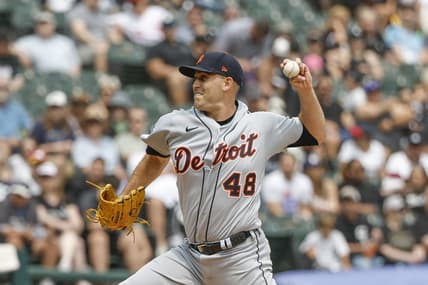 Jun 4, 2023; Chicago, Illinois, USA; Detroit Tigers starting pitcher Matthew Boyd (48) pitches against the Chicago White Sox during the third inning at Guaranteed Rate Field. Mandatory Credit: Kamil Krzaczynski-USA TODAY Sports