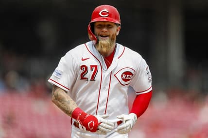 Jun 4, 2023; Cincinnati, Ohio, USA; Cincinnati Reds right fielder Jake Fraley (27) reacts after hitting a solo home run in the seventh inning against the Milwaukee Brewers at Great American Ball Park. Mandatory Credit: Katie Stratman-USA TODAY Sports