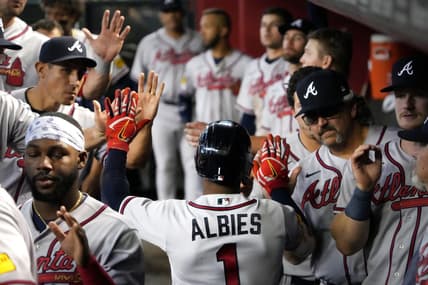 Jun 4, 2023; Phoenix, AZ, USA; Atlanta Braves' Ozzie Albies (1) celebrates his 3-run home run with teammates as they play the Arizona Diamondbacks at Chase Field. Mandatory Credit: Joseph Rondone-USA TODAY Sports