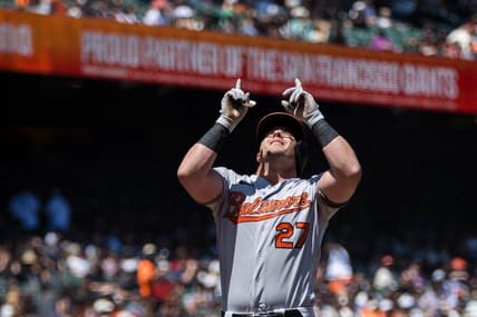 Jun 4, 2023; San Francisco, California, USA;  Baltimore Orioles catcher James McCann (27) celebrates after hitting a solo home run against the San Francisco Giants during the sixth inning at Oracle Park. Mandatory Credit: John Hefti-USA TODAY Sports