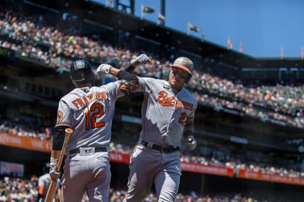 Jun 4, 2023; San Francisco, California, USA;  Baltimore Orioles catcher James McCann (27) is congratulated by second baseman Adam Frazier (12) after hitting a solo home run against the San Francisco Giants during the sixth inning at Oracle Park. Mandatory Credit: John Hefti-USA TODAY Sports