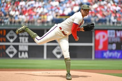 May 21, 2023; Philadelphia, Pennsylvania, USA; Philadelphia Phillies starting pitcher Taijuan Walker (99) throws a pitch against the Chicago Cubs at Citizens Bank Park. Mandatory Credit: Eric Hartline-USA TODAY Sports