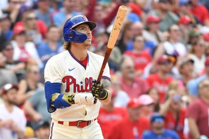 May 21, 2023; Philadelphia, Pennsylvania, USA; Philadelphia Phillies second baseman Bryson Stott (5) against the Chicago Cubs at Citizens Bank Park. Mandatory Credit: Eric Hartline-USA TODAY Sports