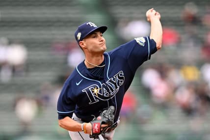 Jun 5, 2023; Boston, Massachusetts, USA; Tampa Bay Rays starting pitcher Shane McClanahan (18) pitches against the Boston Red Sox during the first inning at Fenway Park. Mandatory Credit: Brian Fluharty-USA TODAY Sports