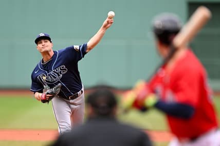 Jun 5, 2023; Boston, Massachusetts, USA; Tampa Bay Rays starting pitcher Shane McClanahan (18) pitches against the Boston Red Sox during the first inning at Fenway Park. Mandatory Credit: Brian Fluharty-USA TODAY Sports