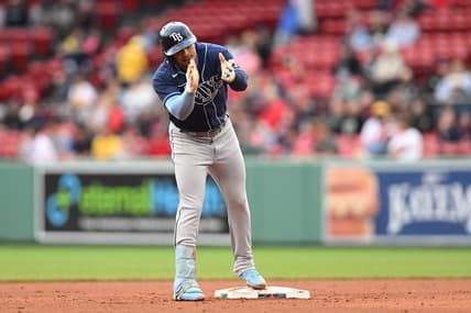 Jun 5, 2023; Boston, Massachusetts, USA; Tampa Bay Rays shortstop Wander Franco (5) reacts after hitting a double against the Boston Red Sox during the seventh inning at Fenway Park. Mandatory Credit: Brian Fluharty-USA TODAY Sports