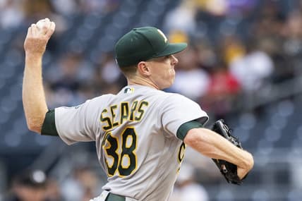 Jun 5, 2023; Pittsburgh, Pennsylvania, USA;  Oakland Athletics starting pitcher JP Sears (38) pitches to the Pittsburgh Pirates during the first inning at PNC Park. Mandatory Credit: Scott Galvin-USA TODAY Sports