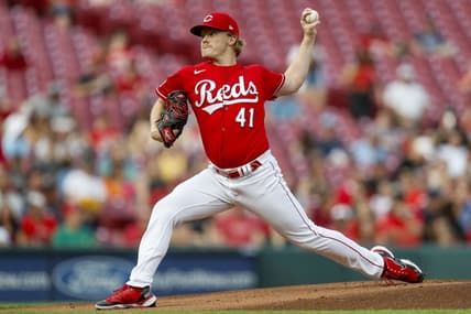 Jun 5, 2023; Cincinnati, Ohio, USA; Cincinnati Reds starting pitcher Andrew Abbott (41) pitches against the Milwaukee Brewers in the first inning at Great American Ball Park. Mandatory Credit: Katie Stratman-USA TODAY Sports
