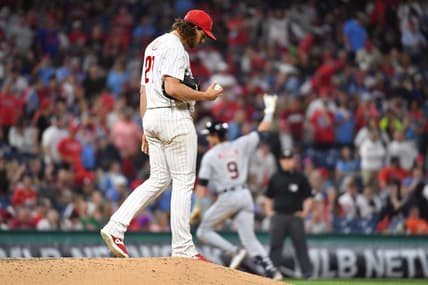 Jun 5, 2023; Philadelphia, Pennsylvania, USA; Philadelphia Phillies starting pitcher Aaron Nola (27) reacts after allowing home runto Detroit Tigers third baseman Nick Maton (9) during the seventh inning at Citizens Bank Park. Mandatory Credit: Eric Hartline-USA TODAY Sports
