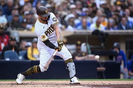 Jun 5, 2023; San Diego, California, USA; San Diego Padres catcher Gary Sanchez (99) hits a two-run home run against the Chicago Cubs during the second inning at Petco Park. Mandatory Credit: Orlando Ramirez-USA TODAY Sports