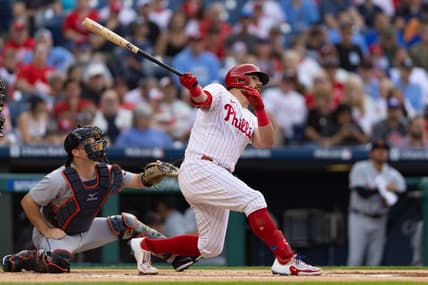 Jun 6, 2023; Philadelphia, Pennsylvania, USA; Philadelphia Phillies left fielder Kyle Schwarber (12) hits a solo home run during the first inning against the Detroit Tigers at Citizens Bank Park. Mandatory Credit: Bill Streicher-USA TODAY Sports