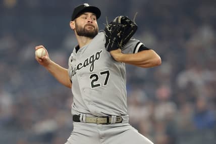 Jun 6, 2023; Bronx, New York, USA; Chicago White Sox starting pitcher Lucas Giolito (27) pitches against the New York Yankees during the first inning at Yankee Stadium. Mandatory Credit: Brad Penner-USA TODAY Sports