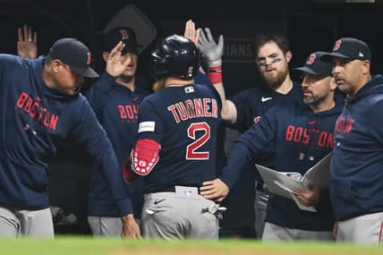 Jun 6, 2023; Cleveland, Ohio, USA; Boston Red Sox designated hitter Justin Turner (2) celebrates after scoring during the eighth inning against the Cleveland Guardians at Progressive Field. Mandatory Credit: Ken Blaze-USA TODAY Sports