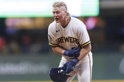Jun 6, 2023; Milwaukee, Wisconsin, USA;  Milwaukee Brewers center fielder Joey Wiemer (28) celebrates after driving in the game winning run during the tenth inning against the Baltimore Orioles at American Family Field. Mandatory Credit: Jeff Hanisch-USA TODAY Sports