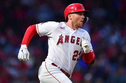 Jun 6, 2023; Anaheim, California, USA; Los Angeles Angels second baseman Brandon Drury (23) runs after hitting a double against the Chicago Cubs during the fifth inning at Angel Stadium. Mandatory Credit: Gary A. Vasquez-USA TODAY Sports