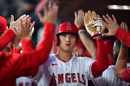 Jun 6, 2023; Anaheim, California, USA; Los Angeles Angels designated hitter Shohei Ohtani (17) is greeted after scoring a run against the Chicago Cubs during the fifth inning at Angel Stadium. Mandatory Credit: Gary A. Vasquez-USA TODAY Sports