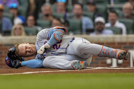 Jun 7, 2023; Cumberland, Georgia, USA; New York Mets first baseman Pete Alonso (20) reacts after being hit by a pitch against the Atlanta Braves during the first inning at Truist Park. Mandatory Credit: Dale Zanine-USA TODAY Sports
