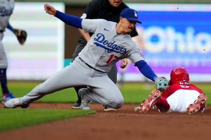 Cincinnati Reds shortstop Matt McLain (9) steals second base in the first inning of a baseball game between the Los Angeles Dodgers and the Cincinnati Reds, Wednesday, June 7, 2023, at Great American Ball Park in Cincinnati.