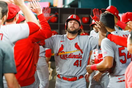 Jun 7, 2023; Arlington, Texas, USA; St. Louis Cardinals left fielder Alec Burleson (41) celebrates his go ahead home run during the eighth inning against the Texas Rangers at Globe Life Field. Mandatory Credit: Andrew Dieb-USA TODAY Sports