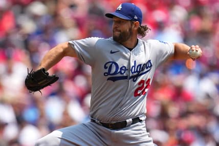 Jun 8, 2023; Cincinnati, Ohio, USA; Los Angeles Dodgers starting pitcher Clayton Kershaw (22) delivers in the first inning against the Cincinnati Reds at Great American Ball Park. Mandatory Credit: Kareem Elgazzar-USA TODAY Sports