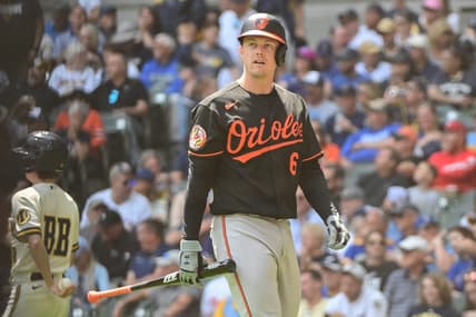 Jun 8, 2023; Milwaukee, Wisconsin, USA; Baltimore Orioles first baseman Ryan Mountcastle (6) reacts after striking out against the Milwaukee Brewers in the fourth inning at American Family Field. Mandatory Credit: Benny Sieu-USA TODAY Sports