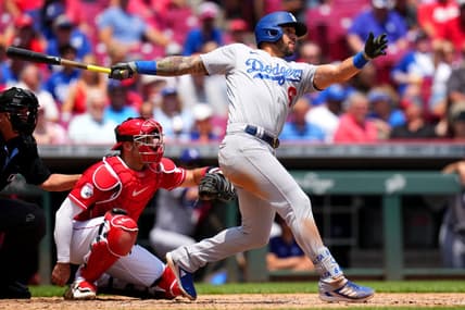 Jun 8, 2023; Cincinnati, Ohio, USA; Los Angeles Dodgers left fielder David Peralta (6) hits a single in the fifth inning against the Cincinnati Reds at Great American Ball Park.  Mandatory Credit: Kareem Elgazzar-USA TODAY Sports