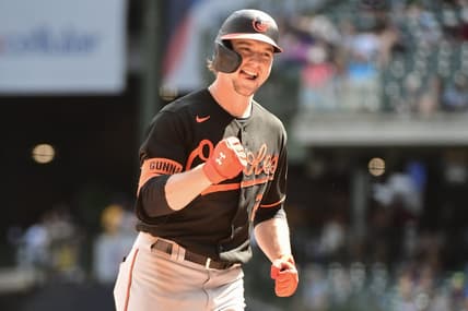 Jun 8, 2023; Milwaukee, Wisconsin, USA; Baltimore Orioles shortstop Gunnar Henderson (2) reacts after hitting a 2-run home run against the Milwaukee Brewers in the eighth inning at American Family Field. Mandatory Credit: Benny Sieu-USA TODAY Sports